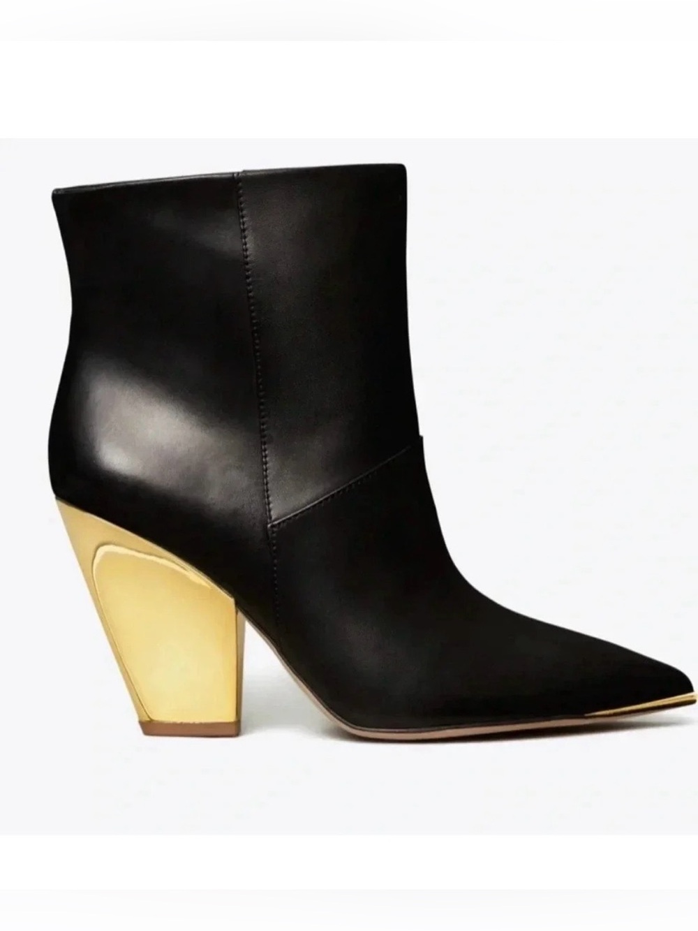 Tory Burch Lila Mirrored Gold Heel Black Leather Ankle Bootie 7.5 Fits 7
